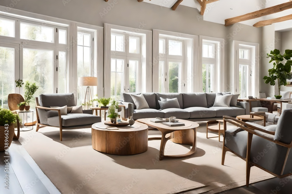 Fototapeta premium modern living room with fireplace, Interior of light living room with grey sofas, wooden armchair and coffee table