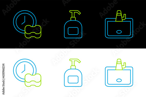 Set line Washbasin, Washing dishes and Bottle of liquid soap icon. Vector