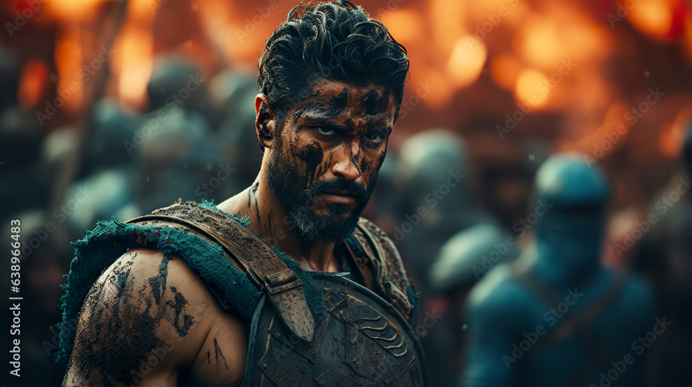 Greek human warrior in battle. Detailed face portrait of Greek warrior infused by mythology. Cinematic scene of war confrontation aura.