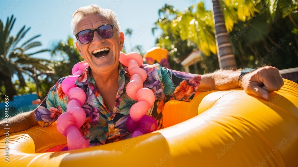 A brightly dressed elderly man in a swimming pool. Generative AI
