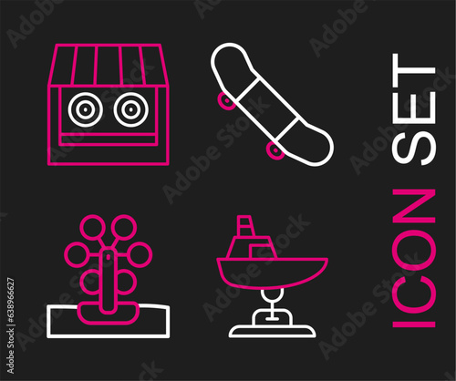 Set line Swing boat, Ferris wheel, Skateboard trick and Shooting gallery icon. Vector