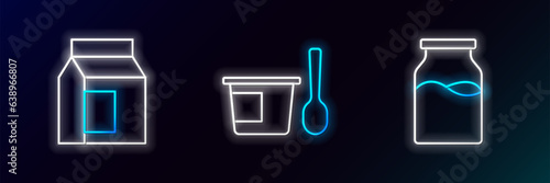 Set line Bottle with milk, Paper package for and Yogurt container spoon icon. Glowing neon. Vector