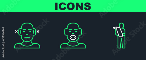 Set line Human broken arm, Deaf and Head of deaf and dumb icon. Vector