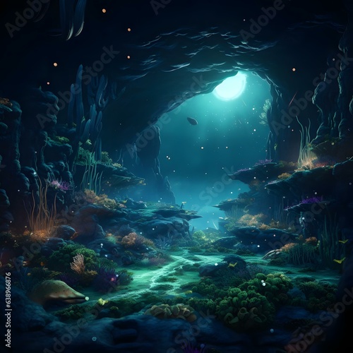 Explore a mesmerizing underwater world, hidden from the rest of the world. Immerse yourself in the beauty of a dark underwater reef, with shimmering caves and a diverse ecosystem. This generative AI a
