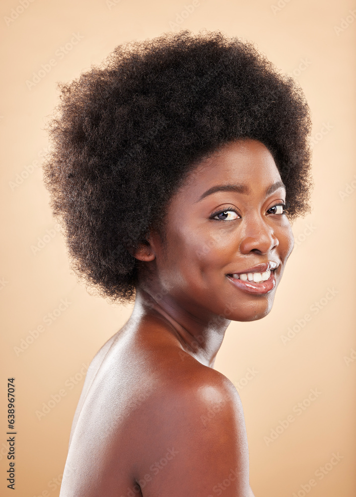 Black woman, face and beauty portrait in studio for skin care, dermatology and natural glow. Smile of a happy African model person with afro hair, cosmetics and self love on a beige background Black woman, face and beauty portrait in studio for skin care, dermatology and natural glow. Smile of a happy African model person with afro hair, cosmetics and self love on a beige background