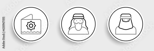 Set line Muslim woman in niqab, Octagonal star and icon. Vector