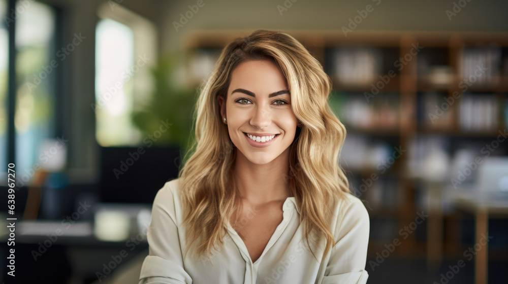 Smiling businesswoman standing against office background. Smiling businesswoman standing against office background.