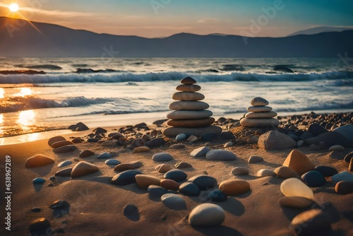 Stones pyramid on the seashore at sunset