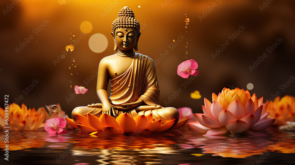 Buddha on Lotus Flower Against Radiant Orange Backdrop. Generative AI