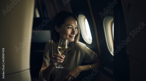woman sitting in airplane business class cabin holding champagne  looking out plane window travel holiday 