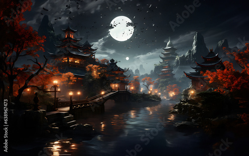 Moonlit Night: A Bridge Over a River with Buildings and Trees © Prof_Studio
