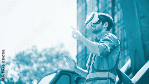 Engineer or technician worker wear PPE reflection cloth and virtual reality headset or VR glasses, acts like searching data in cloud database in desaturate tone. Logistic delivery by technology.