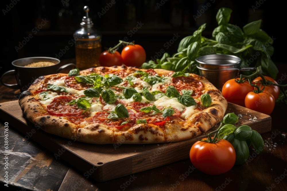 Slim of fresh margherita pizza, melted cheese, cozy pizzeria environment., generative IA
