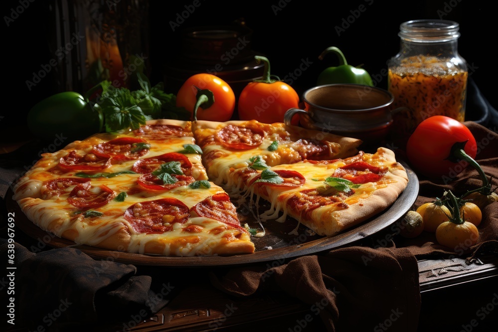 Golden pizza with juicy pepperoni and colorful peppers, capturing gastronomic temptation., generative IA