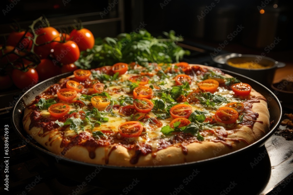 Fresh pizza, melted cheese, basil - an appetizing scene., generative IA