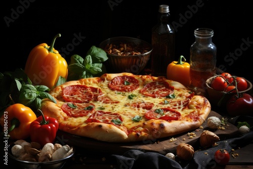 Golden pizza with juicy pepperoni and colorful peppers, capturing gastronomic temptation., generative IA