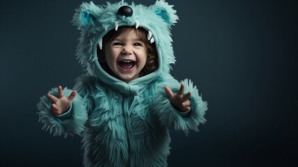 Cute baby boy in halloween monster costume with fun expression on face isolated on dark background, with copy space.