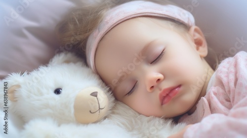 close-up portrait of a beautiful sleeping baby on white blurred background, with copy space.