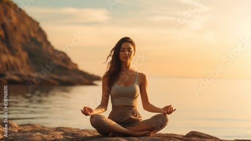 Beautiful woman practicing yoga by the sea  harmony meditation concept with copy space.