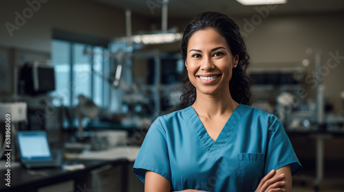 Portrait of beautiful woman doctor looking at camera at blurred hospital background.