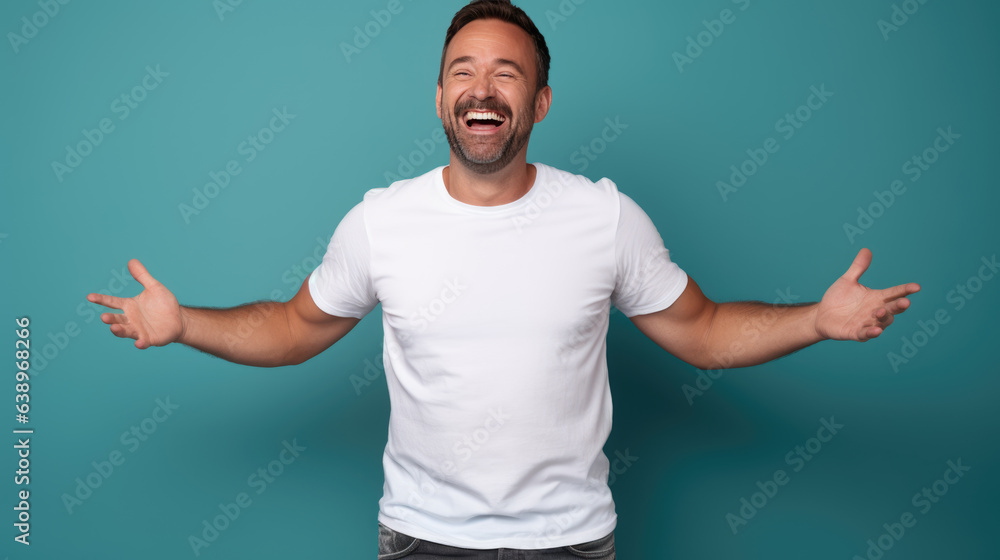 Man standing in front of camera in white T-shirt , isolated on blue background Man standing in front of camera in white T-shirt , isolated on blue background