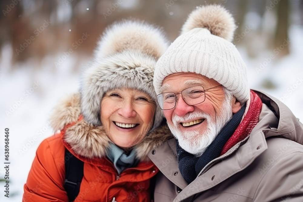 Happy Senior couple having fun together at the park in winter Happy Senior couple having fun together at the park in winter