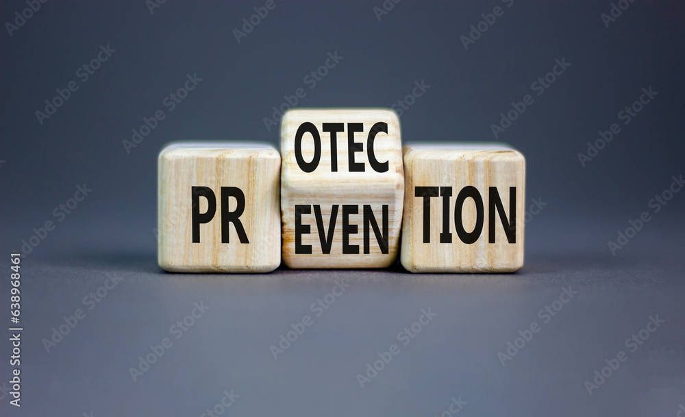 Protection and prevention symbol. Concept word Protection Prevention on wooden cubes. Beautiful grey table grey background. Business protection prevention concept. Copy space. Protection and prevention symbol. Concept word Protection Prevention on wooden cubes. Beautiful grey table grey background. Business protection prevention concept. Copy space.