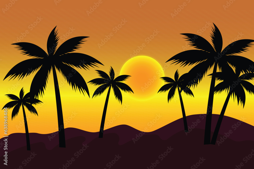 palms sun orang yellow sunset tropical beach vector illustration eps10