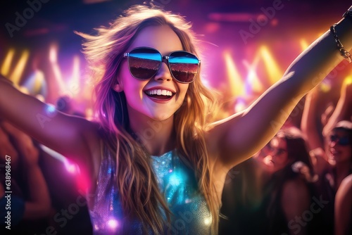 woman wearing sunglasses dancing in nightclub