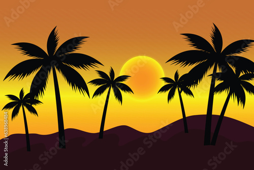 palms sun orang yellow sunset tropical beach vector illustration eps10