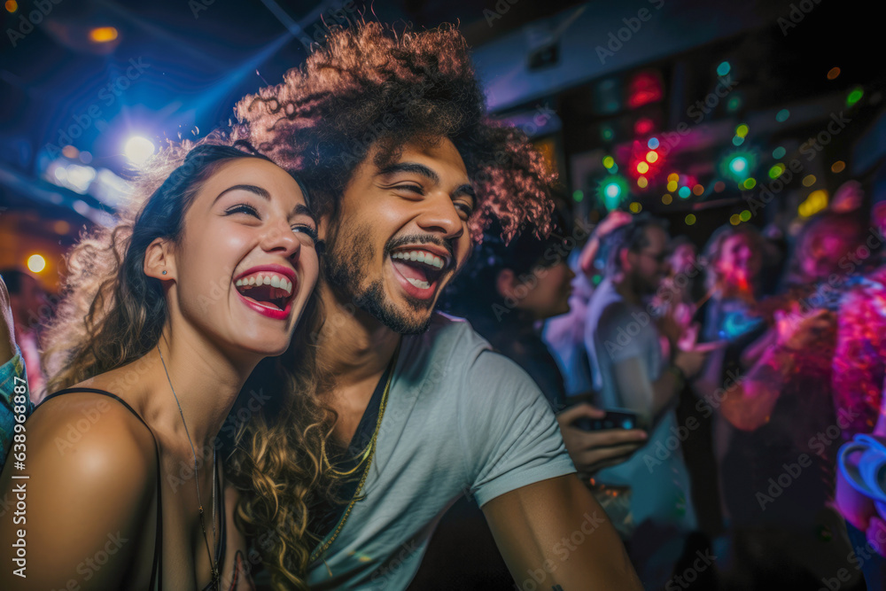 Young couple dances energetically, smiles shining, amidst electric night club vibes.