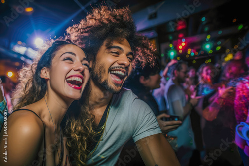 Young couple dances energetically, smiles shining, amidst electric night club vibes.