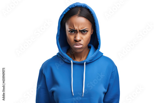 Anger African Girl In Blue Hoodie On White Background . Сoncept Feminism, Racial Equality, Mental Health, Social Change