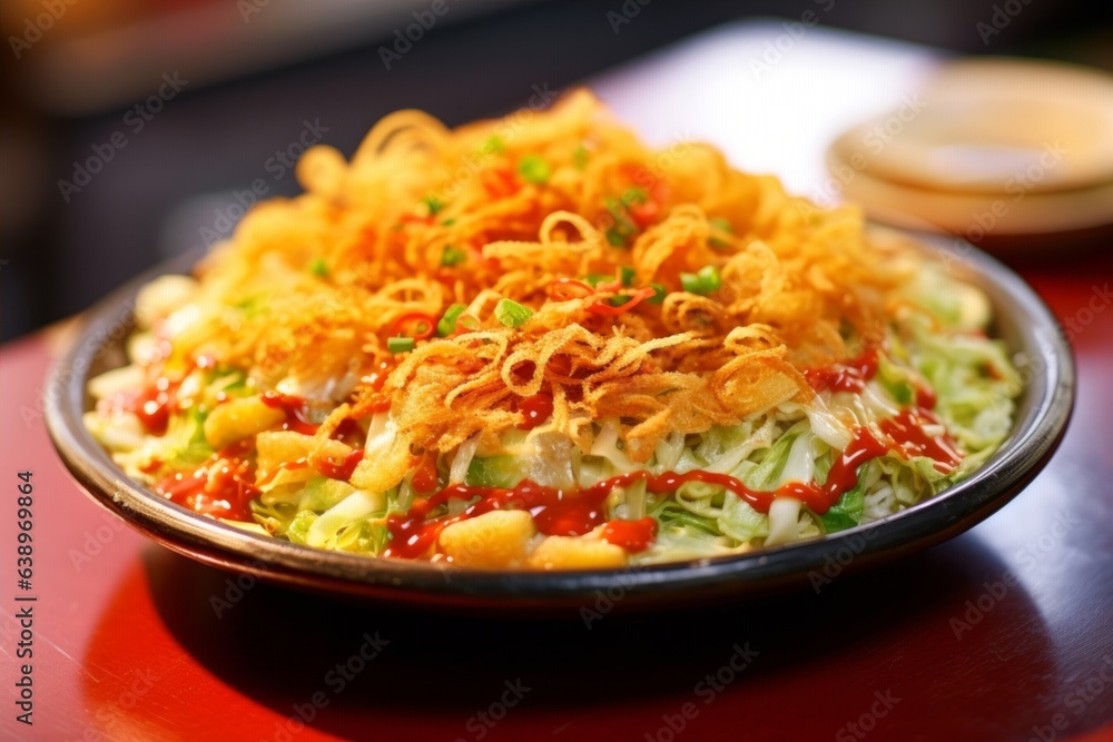 cold ramen noodles in a ceramic bowl, garnished with naruto maki and scallions cold ramen noodles in a ceramic bowl, garnished with naruto maki and scallions