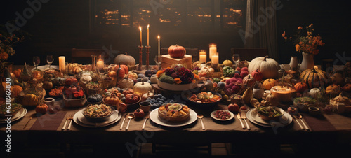 An image of a vast Thanksgiving dinner table laden, generative ai