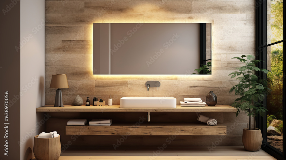 Rustic Elegance, Wood-Crafted Bathroom Oasis with LED-Lit Mirror. Generative AI Rustic Elegance, Wood-Crafted Bathroom Oasis with LED-Lit Mirror. Generative AI
