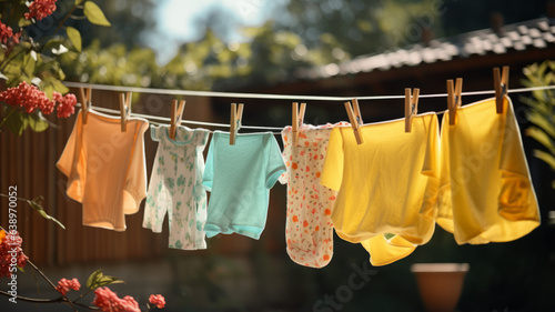 After being washed  childrens colorful clothing dries on a clothesline in the yard outside in the sunlight.