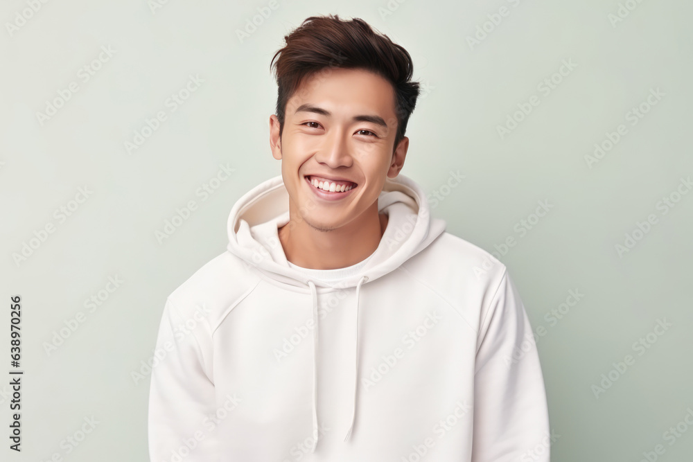 Happiness Asian Man In White Sweatshirt On Pastel Background. Сoncept Happiness, Asian Identity, Pastel Aesthetic, Sweatshirt Street Style Happiness Asian Man In White Sweatshirt On Pastel Background. Сoncept Happiness, Asian Identity, Pastel Aesthetic, Sweatshirt Street Style