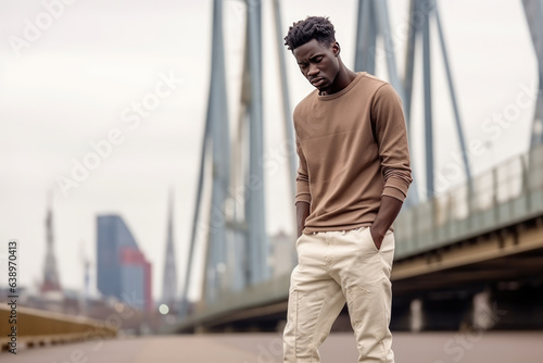 Sadness African Man In Beige Jeans On City Background. Сoncept Sadness, African Man, Beige Jeans, City Background,