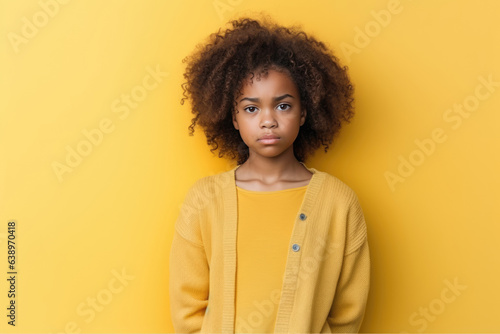 Sadness African Girl In Yellow Cardigan On Pastel Background.   oncept Sadness  African Girl  Yellow Cardigan  Pastel Background