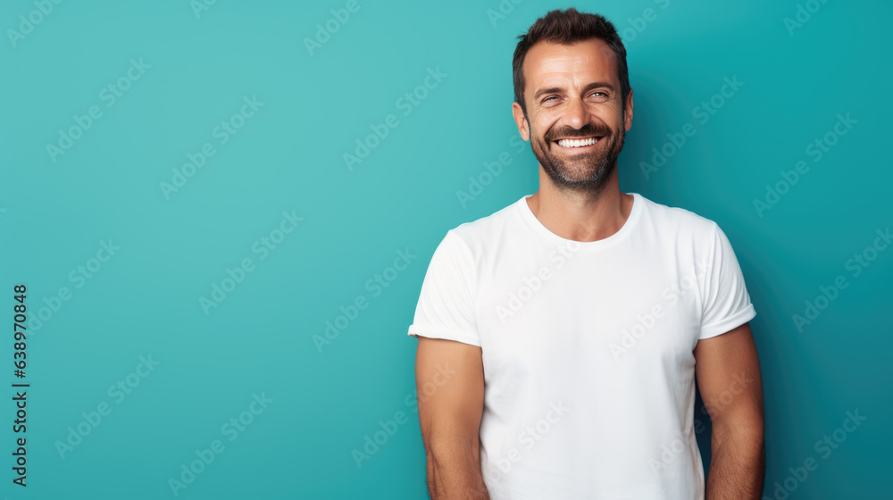 Man standing in front of camera in white T-shirt , isolated on blue background Man standing in front of camera in white T-shirt , isolated on blue background