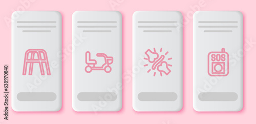 Set line Walker, Electric wheelchair, Joint pain, knee pain and Press the SOS button. White rectangle button. Vector