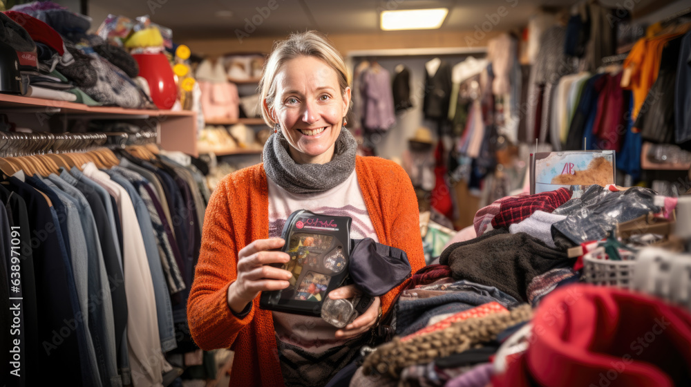 Portrait of a volunteer against a background of clothing for charity