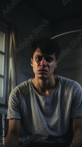 Young man crying in a room. Generative AI © ColdFire