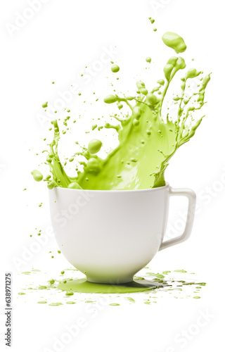 white cup mockup with green tea, splashes of matcha tea hung in the air, fresh wholesome bright green drink, isolated element.