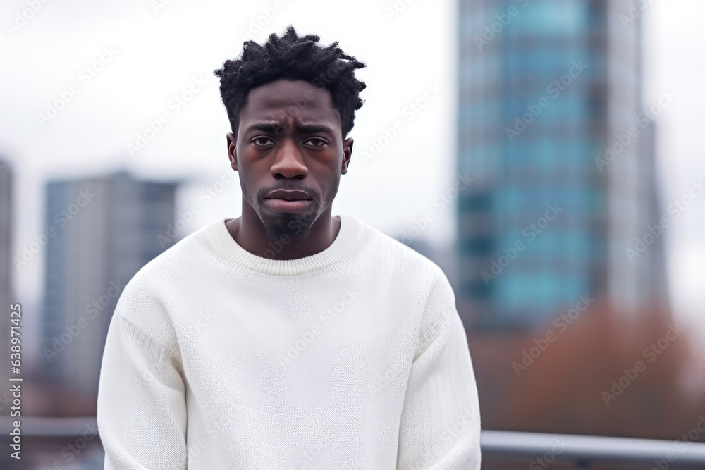Sadness African Man In White Sweater On City Background . Сoncept Depression, Mental Health In The African Community, Diverse Representation In Media, Effects Of Isolation Sadness African Man In White Sweater On City Background . Сoncept Depression, Mental Health In The African Community, Diverse Representation In Media, Effects Of Isolation