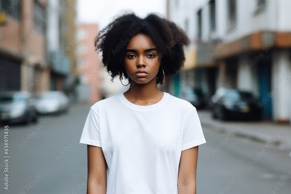 Sadness African Woman In White Tshirt On City Background. Сoncept Mental Health, Being A Woman Of Color, Urban Culture, Emotional Portraits