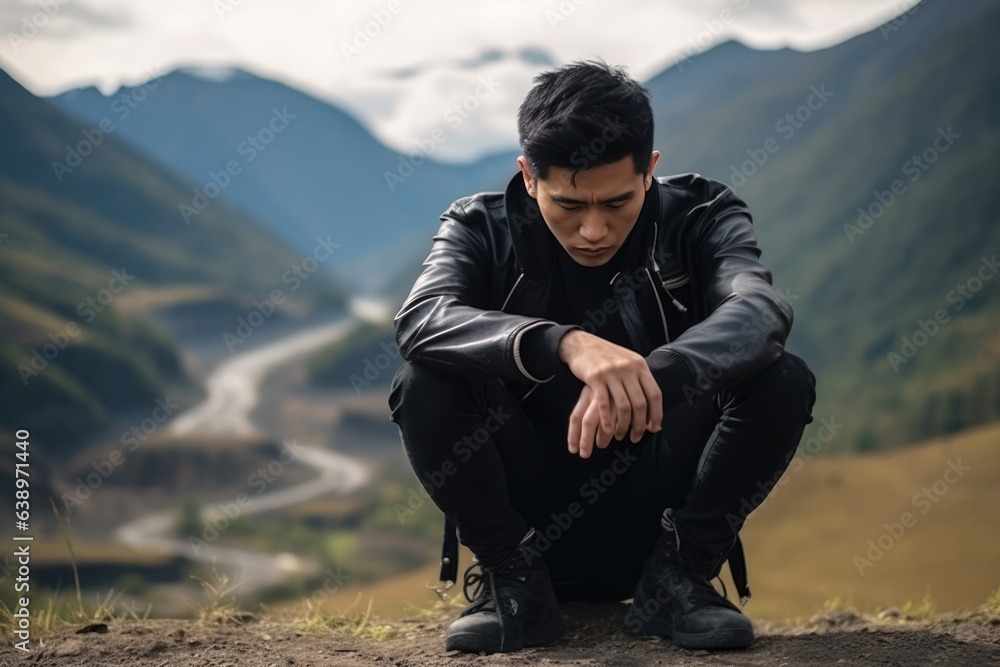 Sadness Asian Man In Black Jeans On Mountain Scenery Background. Сoncept Sadness In Asian Man, Asian Man In Black Jeans, Mountain Scenery Background, Mental Health And Coping