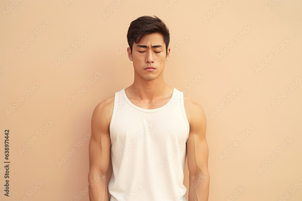 Sadness Asian Man In Beige Tank Top On Pastel Background. Сoncept Asian Representation In Media, Sadness And Mental Health, Color Theory, Beige Tank Tops Popularity Sadness Asian Man In Beige Tank Top On Pastel Background. Сoncept Asian Representation In Media, Sadness And Mental Health, Color Theory, Beige Tank Tops Popularity