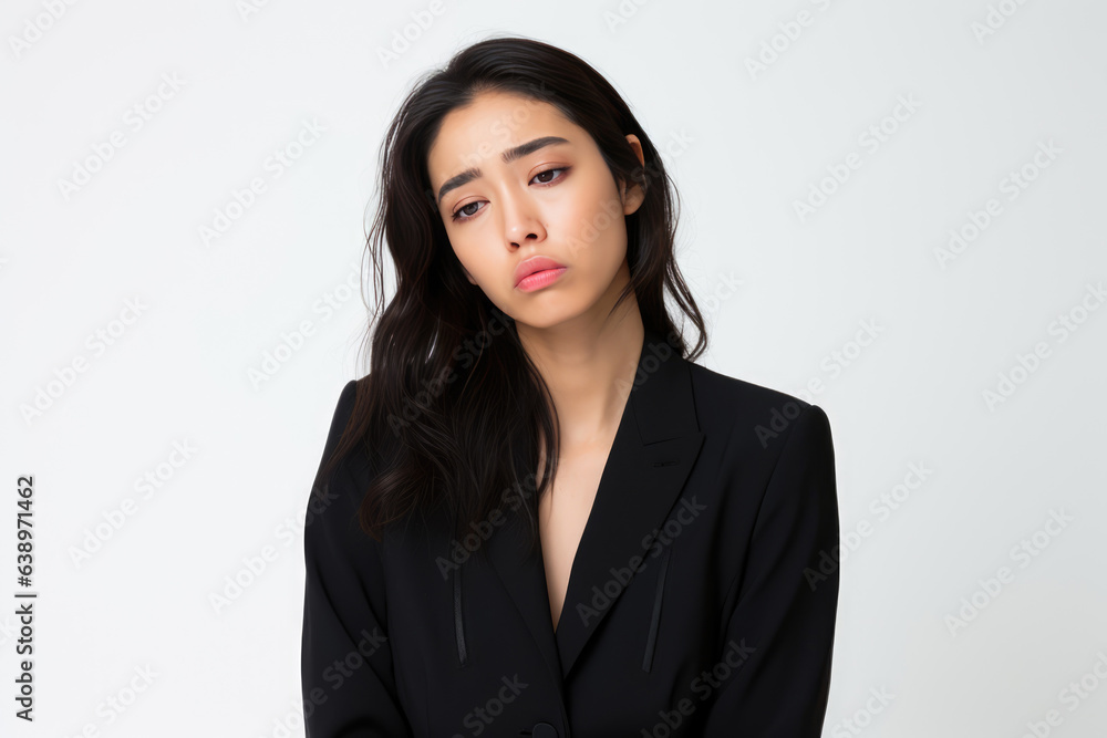 Sadness Asian Woman In Black Suit On White Background. Сoncept Feeling Sad, Asian Women In Suits, Powerful Images, Black And White Photography Sadness Asian Woman In Black Suit On White Background. Сoncept Feeling Sad, Asian Women In Suits, Powerful Images, Black And White Photography
